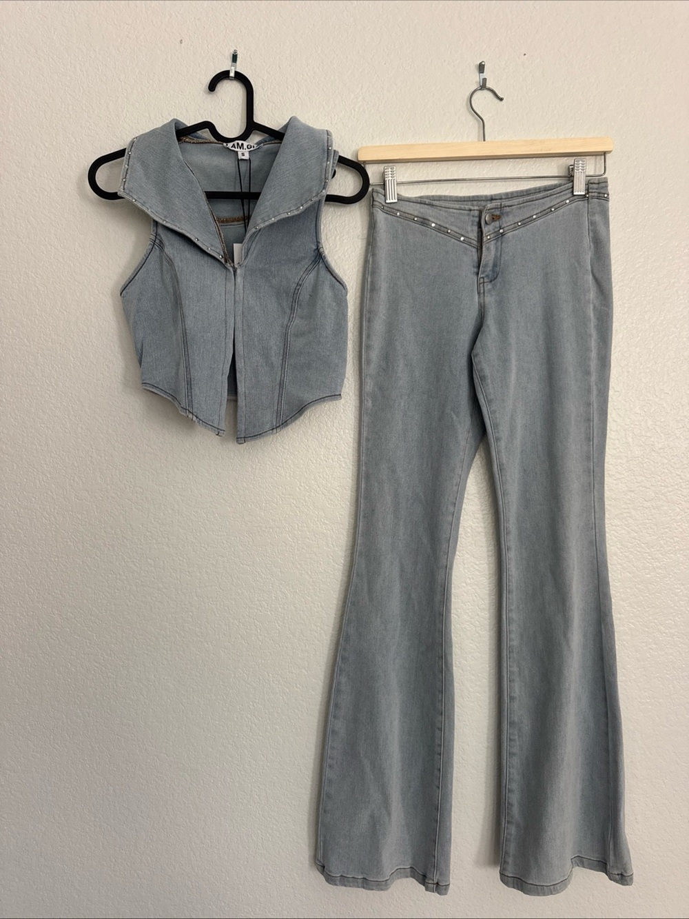 I.AM.GIA Light Gray Denim Zip Vest & Flare Jeans Set